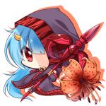  bangs black_cape black_flower blue_hair brown_flower cape chibi closed_mouth commentary_request eyebrows_visible_through_hair fingerless_gloves flower flower_knight_girl full_body gloves hair_between_eyes holding holding_spear holding_weapon hood hood_up hooded_cape horn long_hair looking_at_viewer object_namesake oniyuri_(flower_knight_girl) polearm red_eyes shachoo. shadow solo spear very_long_hair weapon white_background 
