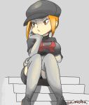  breasts commentary_request hand_on_own_chin onimotsu orange_eyes orange_hair pokemon pokemon_(game) pokemon_lgpe skirt team_rocket_grunt 