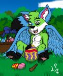  canine cub easter egg fluffy fluffy_tail fox green_eyes holidays hybrid iampretor invalid_tag mammal paws spongy wings young 
