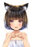  :d animal_ear_fluff animal_ears azur_lane bangs bare_arms bare_shoulders blunt_bangs blush brown_hair cat_ears chahei collarbone commentary_request dress eyebrows_visible_through_hair fang hands_up highres looking_at_viewer open_mouth short_hair simple_background smile solo strapless strapless_dress upper_body white_background white_dress yamashiro_(azur_lane) 
