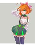  ;) ahoge bangs bare_shoulders blouse bow caucasian commentary cropped_legs curly_hair detached_collar dress english_commentary freckles frilled_blouse frills green_dress green_eyes hair_bow highres iesupa looking_at_viewer neon_trim non-asian off_shoulder one_eye_closed orange_hair penny_polendina pink_bow pleated_dress rwby short_hair smile solo swept_bangs thighhighs thighs underbust white_blouse zettai_ryouiki 
