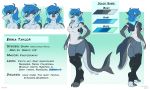  2018 ambris anthro blue_eyes blue_hair breasts cleavage clothed clothing ear_piercing english_text erika_(ambris) female fish furgonomics furry-specific_piercing hair hand_on_hip hi_res marine model_sheet multicolored_hair piercing shark shirt short_hair solo tail_piercing tank_top text two_tone_hair 