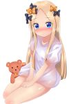  1girl abigail_williams_(fate/grand_order) absurdres blonde_hair blue_bow blue_eyes blush bow closed_mouth embarrassed eyebrows_visible_through_hair fate/grand_order fate_(series) female flat_chest hair_bow have_to_pee highres legs_together long_hair looking_at_viewer mikuru.beam nose_blush orange_bow oversized_clothes oversized_shirt see-through shiny shiny_skin shirt simple_background sitting solo stuffed_bear wavy_mouth white_background white_shirt 