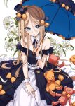  1girl abigail_williams_(fate/grand_order) absurdres alternate_costume bangs bare_shoulders black_bow black_dress black_hat black_ribbon blonde_hair blue_eyes blue_umbrella blush bow closed_mouth collarbone detached_collar dress eyebrows_visible_through_hair fate/grand_order fate_(series) flower frilled_dress frills hair_between_eyes hair_bow hat head_tilt highres holding holding_umbrella lily_(flower) long_hair looking_at_viewer mini_hat mini_top_hat neck_ribbon off-shoulder_dress off_shoulder orange_bow osanai parasol parted_bangs polka_dot polka_dot_bow ribbon solo stuffed_animal stuffed_toy teddy_bear tilted_headwear top_hat umbrella very_long_hair white_background white_collar white_flower wrist_cuffs 