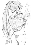  ass blush bra breasts flower from_behind greyscale hair_flower hair_intakes hair_ornament highres kantai_collection large_breasts long_hair long_sleeves looking_at_viewer looking_back monochrome panties ponytail ribbed_sweater scrunchie simple_background sketch solo standing sweater thought_bubble translation_request underwear undressing upper_body vent_arbre very_long_hair white_background yamato_(kantai_collection) 