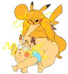 2018 anthro bancho_(pikachu) big_butt big_pecs bite butt clothed clothing digital_media_(artwork) duo ero_(character) eroborus fan_character hair hi_res male male/male mammal nintendo open_mouth pecs pikachu pok&eacute;mon pok&eacute;mon_(species) pompadour rodent sex simple_background video_games white_background 