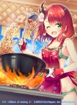  ;d apron bikini cooking copyright_name eyebrows_visible_through_hair fingerless_gloves fire floral_print flower food gloves green_eyes hair_flower hair_ornament highres index_finger_raised nattou one_eye_closed open_mouth print_apron red_apron red_bikini red_gloves red_hair serino_itsuki shiny shiny_hair smile solo standing striped striped_bikini swimsuit white_flower z/x 