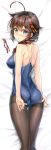  absurdres adjusting_clothes adjusting_swimsuit ass bangs bare_arms bare_shoulders blue_eyes blush bow braid breasts brown_hair eyebrows_visible_through_hair fingernails glasses hair_bow hair_flaps hair_ornament highres jewelry kantai_collection kotatsu_(kotatsu358) long_hair looking_at_viewer looking_back lying medium_breasts on_stomach pantyhose pantyhose_under_swimsuit parted_lips remodel_(kantai_collection) ribbon ring scan shigure_(kantai_collection) shiny shiny_clothes shiny_hair shiny_skin sweat sweatdrop swimsuit 