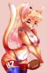  2016 american_football anthro ball blonde_hair bra breasts cat cheerleader cleavage clothed clothing eye_black eyebrows eyelashes feline female football_(ball) fur hair inner_ear_fluff looking_at_viewer mammal myllina navel navel_piercing pacevanrign piercing pink_eyes pink_nose ponytail simple_background smile solo sport stripes tan_fur thick_thighs thong underwear wide_hips 