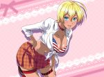  american_flag_bikini bikini blonde_hair blue_eyes breasts cleavage dark_skin flag_print mito_ikumi open_mouth shirt shokugeki_no_souma short_hair simple_background skirt solo swimsuit washizuka_shou white_shirt 