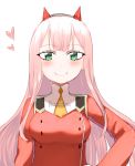  arm_at_side blush breasts commentary darling_in_the_franxx english_commentary green_eyes grin hand_on_hip heart highres horns kumaartsu long_hair long_sleeves looking_at_viewer medium_breasts military military_uniform necktie oni_horns orange_neckwear pink_hair red_horns red_shirt shirt short_necktie simple_background smile straight_hair uniform upper_body white_background zero_two_(darling_in_the_franxx) 