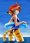  1girl \r\ndr.p \r\nrinpoo_chuan animal_ears blush breasts breath_of_fire breath_of_fire_ii cat_ears cat_tail facial_mark furry gloves green_eyes orange_hair pointy_ears red_hair short_hair small_breasts solo staff swimsuit tail 