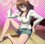  1girl blush bokura_wa_minna_kawaisou breasts brown_hair glasses highres long_hair looking_at_viewer nishikino_mayumi screencap shorts sitting solo stitched third-party_edit 