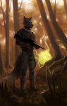  2018 5_fingers andyd anthro canine clothed clothing detailed_background digital_media_(artwork) forest gun holding_object holding_weapon male mammal ranged_weapon solo tree weapon wolf 