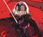  armor armored_dress black_cape black_dress cape dress eyebrows_visible_through_hair fate/grand_order fate_(series) grin hair_between_eyes headpiece holding holding_sword holding_weapon jeanne_d'arc_(alter)_(fate) jeanne_d'arc_(fate)_(all) kim_eb looking_at_viewer red_background short_hair silver_hair smile solo sword upper_body weapon yellow_eyes 