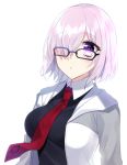  black-framed_eyewear eyebrows_visible_through_hair fate/grand_order fate_(series) glasses hair_over_one_eye hood hooded_jacket jacket mash_kyrielight mipe_(r_kkk12) necktie open_clothes open_jacket parted_lips purple_eyes red_neckwear short_hair silver_hair solo upper_body 