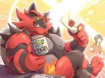  2018 4_toes 5_fingers black_fur black_hair chair crossed_legs cup desk digital_drawing_(artwork) digital_media_(artwork) duo english_text envelope fur green_eyes grin hair holding_cup human incineroar looking_at_viewer mammal masahiro_sakurai muscular nintendo outline pen pok&eacute;mon pok&eacute;mon_(species) red_fur red_nose signature sitting smile smug solo_focus super_smash_bros super_smash_bros._ultimate text tigerlukke toes video_games yellow_sclera 