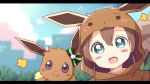  animal_hood blue_eyes blurry blurry_background blush_stickers brown_hair cityscape commentary_request cosplay crossover eevee eevee_(cosplay) fang grass hair_between_eyes hair_ribbon highres hololive hood looking_at_viewer natsuiro_matsuri okota_mikan open_mouth pokemon pokemon_(creature) pokemon_(game) portrait ribbon sky 