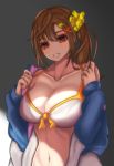  bikini bikini_top bikini_under_clothes blue_jacket blush breasts brown_eyes brown_hair butabanahanafukku collarbone dead_or_alive dead_or_alive_xtreme eyebrows_visible_through_hair front-tie_bikini front-tie_top hair_ornament hairclip hands_up highres jacket large_breasts long_hair looking_at_viewer misaki_(doa) navel open_clothes open_mouth scrunchie side_ponytail solo star star_hair_ornament swimsuit white_bikini 