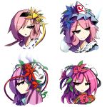  closed_mouth collared_shirt commentary flower grin hair_ornament hair_over_one_eye hairband hat hata_no_kokoro heart highres ibaraki_kasen kaliningradg komeiji_satori leaf mask mask_on_head multiple_girls parted_lips pink_eyes pink_hair plant portrait profile ribbon rose saigyouji_yuyuko shirt short_hair smile smug tabard touhou triangular_headpiece vines 