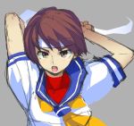  bangs blue_sailor_collar breasts brown_eyes brown_hair commentary_request grey_background headband kasugano_sakura looking_at_viewer open_mouth sailor_collar school_uniform serafuku short_hair short_sleeves simple_background sketch solo street_fighter tying_headband yuusuke_(5yusuke3) 