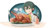  androgynous commentary food fork green_eyes green_hair highres holding holding_fork holding_knife kino kino_no_tabi knife licking_lips short_hair solo steam tauke tongue tongue_out turkey_(food) 