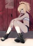  :d black_footwear black_shorts blonde_hair boots bra braid breasts crown_braid denim denim_shorts fate/apocrypha fate_(series) full_body green_eyes hair_ornament hair_scrunchie high_ponytail holding holding_jacket jacket jacket_removed long_hair looking_at_viewer mordred_(fate) mordred_(fate)_(all) navel open_mouth outdoors red_jacket red_scrunchie scrunchie short_shorts shorts sitting small_breasts smile solo strapless strapless_bra torn_clothes torn_shorts underwear white_bra yumaomi 