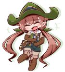  1girl :d ^_^ blush boots brown_footwear brown_gloves brown_hat brown_legwear brown_shirt closed_eyes commentary_request dagger earrings elbow_gloves facing_viewer full_body gloves granblue_fantasy green_hat green_ribbon green_skirt green_vest hair_ribbon hands_on_own_stomach happy_tears harvin hat head_tilt jewelry knee_boots laughing long_hair low_twintails ludmila_(granblue_fantasy) naga_u open_mouth pantyhose pointy_ears ribbon scabbard shadow sheath shirt skirt smile solo standing standing_on_one_leg tears twintails very_long_hair vest weapon white_background 