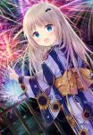  :d aerial_fireworks bangs bat_hair_ornament blue_eyes blush bow commentary_request dutch_angle eyebrows_visible_through_hair fang fireworks floral_print hair_ornament hand_up highres horizon index_finger_raised japanese_clothes kimono light_brown_hair little_busters! long_hair long_sleeves looking_at_viewer looking_back maruma_(maruma_gic) night night_sky nose_blush noumi_kudryavka obi ocean open_mouth outdoors plaid plaid_bow print_kimono railing reflection sash sky smile solo standing striped sunflower_print vertical-striped_kimono vertical_stripes very_long_hair water wide_sleeves yellow_bow 