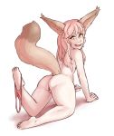  2018 5_toes all_fours animal_humanoid brown_tail butt canine canine_humanoid clothing female fen_(pomutop) fox_humanoid full-length_portrait hair hi_res humanoid mammal nude open_mouth pale_skin panties panties_around_one_leg pink_hair portrait presenting presenting_hindquarters presenting_pussy pussy rainbowsprinklesart rear_view simple_background solo toes underwear underwear_around_one_leg white_background yellow_eyes 