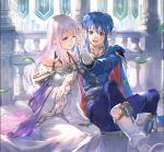  1girl armor blue_eyes blue_hair bomssp brother_and_sister cape celice_(fire_emblem) circlet dress fire_emblem fire_emblem:_seisen_no_keifu gloves headband highres jewelry lavender_hair long_hair open_mouth ponytail purple_eyes purple_hair siblings smile very_long_hair yuria_(fire_emblem) 