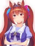  absurdres blush breast_hold breasts brown_hair crossed_arms daiwa_scarlet eyebrows_visible_through_hair fang highres large_breasts long_hair looking_at_viewer nori_curry red_eyes solo tiara twintails umamusume upper_body 
