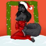  anthro bdsm bondage bound breasts canine christmas clothed clothing female fluffy fluffy_tail gift holidays lora_northstar mammal nastynatalie nipples partially_clothed presenting solo topless wolf 