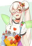  elf elu_(nijisanji) fairy_wings flower food glasses hair_flower hair_ornament i_heart... lantern nijisanji one_eye_closed open_mouth orange_eyes pointy_ears side_ponytail smile sushi tokyo_tower translucent virtual_youtuber white_hair wings yagara_(kishimen_f) 