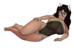  2018 animal_humanoid areola big_breasts black_hair breasts brown_skin camel_toe canine canine_humanoid clothed clothing dark_skin dog_humanoid eyewear feet female front_view full-length_portrait glasses green_eyes grin hair hand_on_hip homestuck humanoid humanoid_feet humanoid_hands jade_harley looking_at_viewer lying mammal ms_paint_adventures navel nipples on_side one-piece_swimsuit pinup portrait pose rainbowsprinklesart sheer_clothing simple_background smile solo swimsuit translucent transparent_clothing voluptuous white_background wide_hips 