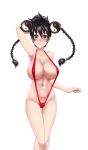  ar_tonelico areola_slip areolae arm_behind_head arm_up armpits ass_visible_through_thighs black_hair blush braid breasts cleavage collarbone commentary commission covered_nipples cowboy_shot english_commentary eyebrows_visible_through_hair green_eyes hair_between_eyes hair_ornament heart_tattoo highres huge_breasts long_hair looking_at_viewer misha_arsellec_lune navel pubic_tattoo red_swimsuit simple_background slingshot_swimsuit smile solo swimsuit tattoo thigh_gap twin_braids twrlare white_background yin_yang 