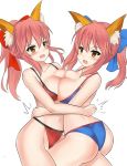  2girls animal_ears between_breasts bikini blush breast_press breast_smother breasts brown_eyes catfight cleavage closed_mouth defeated fate/grand_order fate_(series) hair_ornament head_between_breasts hug kuwamori large_breasts military mole mole_under_eye multiple_girls open_mouth pink_hair smile sweat swimsuit symmetrical_docking tamamo_(fate)_(all) trembling uniform yuri 