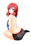  arched_back ass back black_legwear blue_scarf breasts butt_crack commentary_request from_behind full_body highres jou_(circlemay) love_live! love_live!_school_idol_project nishikino_maki purple_eyes red_hair scarf scarf_over_breasts short_hair simple_background sitting smile socks solo thighs topless white_background 