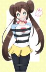  1girl arms_behind_back black_legwear blue_eyes blush breasts brown_hair collarbone creatures_(company) double_bun female game_freak legwear_under_shorts long_hair long_sleeves looking_at_viewer medium_breasts mei_(pokemon) multicolored_shirt nintendo outside_border pokemon pokemon_(game) pokemon_bw2 raglan_sleeves shirt short_shorts shorts solo standing twintails white_shirt yang_meiling yellow_shorts 