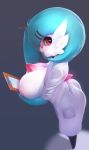  2018 big_breasts blue_hair breasts clipboard clothed clothing female gardevoir hair humanoid mammal nintendo nipples not_furry open_mouth pencil_(disambiguation) plantpenetrator pok&eacute;mon pok&eacute;mon_(species) red_eyes shiny_pok&eacute;mon simple_background solo video_games 