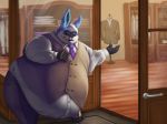  anthro barefoot belly belly_overhang big_belly big_butt black_fur blue_fur buckteeth butt clothed clothing detailed_background fur grin holding_object hyper hyper_belly lagomorph male mammal mannequin morbidly_obese multicolored_fur necktie obese obese_male open_mouth overweight overweight_male pose rabbit smile solo standing store sugarboy suit tailor teeth vest white_fur window winston_(roller-2009) 