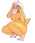  anthro anthrofied areola avian beak big_breasts blush breasts crouching embarrassed feathers feet female front_view full-length_portrait green_eyes hair hand_on_face hi_res humanoid_hands nintendo nipples non-mammal_breasts nude orange_nipples pok&eacute;mon pok&eacute;mon_(species) pok&eacute;morph portrait psyduck rainbowsprinklesart simple_background solo video_games white_background white_hair yellow_feathers 