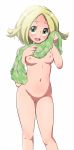  1girl :d bangs bel_(pokemon) blonde_hair blush breasts eyebrows_visible_through_hair female flipped_hair floral_print looking_at_viewer navel nipples nude open_mouth pokemon pokemon_(game) pokemon_bw pussy simple_background small_breasts smile solo standing towel uncensored upper_teeth wet white_background yang_meiling 