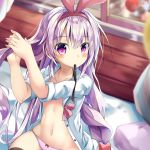  adjusting_hair animal_ears azur_lane balloon bangs bed black_legwear black_ribbon blurry blurry_background blush bow bowtie bunny_ears buttons closed_mouth collarbone commentary_request curtains depth_of_field eyebrows_visible_through_hair fake_animal_ears groin hair_intakes hair_ornament hair_ribbon hairband hobby_(azur_lane) indoors long_hair looking_at_viewer low-tied_long_hair maritaki mouth_hold nail_polish navel no_bra no_pants on_bed open_clothes open_shirt panties pink_eyes pink_nails pink_neckwear pink_panties ribbon shirt short_sleeves sidelocks silver_hair skindentation solo stomach thighhighs unbuttoned underwear very_long_hair white_shirt window 