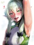  absurdres arm_up armpits black_bow blush bow commentary_request dated elf goblin_slayer! green_eyes green_hair hair_bow hair_ribbon half-closed_eyes heart heavy_breathing hero_neisan high_elf_archer_(goblin_slayer!) highres huge_filesize looking_at_viewer open_mouth pink_lips pointy_ears ribbon short_hair_with_long_locks sidelocks signature simple_background sleeveless smell solo sweat tress_ribbon upper_body upper_teeth wavy_mouth white_background 