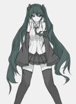  angry black_legwear black_skirt cell_(acorecell) closed_mouth collared_shirt detached_sleeves flat_color green_eyes green_hair green_neckwear grey_background hatsune_miku long_hair looking_at_viewer necktie pleated_skirt shirt simple_background skirt thighhighs very_long_hair vocaloid white_shirt wing_collar zettai_ryouiki 
