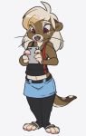  2018 anthro blonde_hair brown_fur clothed clothing female fur hair legwear mammal mustelid otter pants paws phone reign-2004 simple_background socks solo toeless_socks white_background 