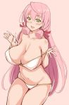  bikini breasts cleavage commentary_request cowboy_shot eyebrows_visible_through_hair green_eyes hair_ribbon kantai_collection kusano_(torisukerabasu) large_breasts long_hair pink_background pink_hair ribbon swimsuit tress_ribbon white_bikini 