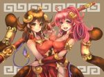  breasts brown_eyes brown_hair commentary_request copyright_request dress monkey_tail pink_hair pooosong red_dress shikihime_zoushi symmetrical_docking tail 