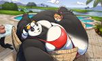  2018 alcohol anthro bear between_legs beverage big_breasts big_butt bikini blush breasts butt clothed clothing cocktail detailed_background digital_media_(artwork) duo eyewear female fur gillpanda gillpanda_(character) holding_object huge_breasts looking_at_viewer lying mammal obese overweight panda selfie size_difference smile sunglasses swimsuit thick_thighs voluptuous wide_hips 